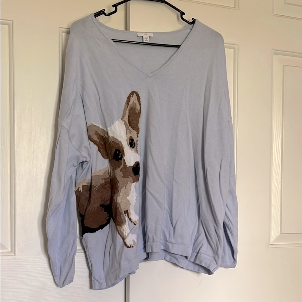 J. Jill Light Blue Sweater with Dog Design